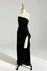 Asymmetric Strapless Light Blue Satin Slit Dress