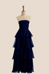Blue Strapless A-line Ruffle Maxi Dress