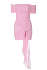Off the Shoulder Pink Bodycon Short Dress with Ribbon