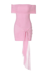 Off the Shoulder Pink Bodycon Short Dress with Ribbon