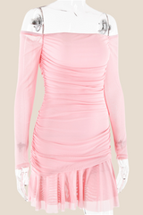 Off the Shoulder Pink Ruffle Hem Short Dress