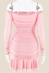 Off the Shoulder Pink Ruffle Hem Short Dress