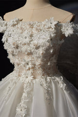 Off the Shoulder White 3D Floral A-line Princess Dress