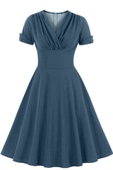 Green V Neck A-line Short Dress with Short Sleeves