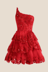 One Shoulder Red Sequin Tiered Short Dress