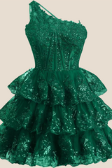 One Shoulder Blue Sequin Tiered Short Dress