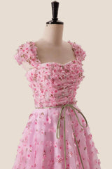 Pink Floral Cap Sleeves Long Formal Dress
