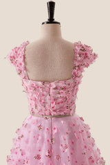 Pink Floral Cap Sleeves Long Formal Dress