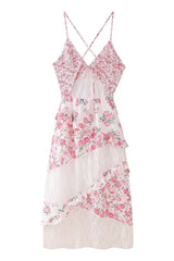 Pink Floral Print Ruffles Long Summer Dress