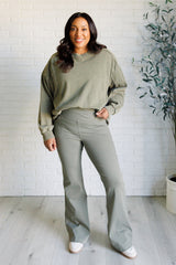Hazel Blues® | Building Habits Twill Flared Crossover Waist Pant in Dusty Olive