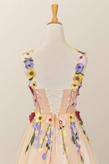 3D Floral Champagne Tulle Short Dress