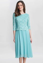 Gina Bacconi Sea Blue Rona Midi Dress With Lace Bodice & Chiffon Skirt