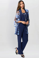 Gina Bacconi Navy Dorris Three Piece Trouser Suit With Embroidered Jacket