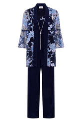 Gina Bacconi Navy Dorris Three Piece Trouser Suit With Embroidered Jacket