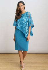 Gina Bacconi Turquoise Darlene Embroidered Cape Dress