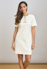Gina Bacconi White Jinny Button Split Neck A-Line Dress