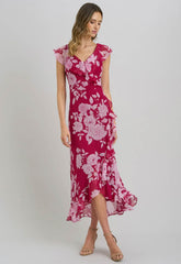 Gina Bacconi Red and White Marilyn Floral Print Yoryu Dress