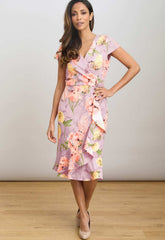 Gina Bacconi PINK Marlena Cap Sleeve Ruffle Print Dress