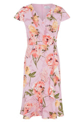 Gina Bacconi PINK Marlena Cap Sleeve Ruffle Print Dress
