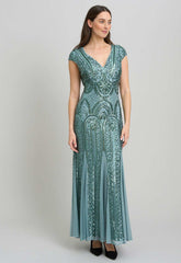 Gina Bacconi Sea Mist Mimsy V Neck Beaded Maxi Dress