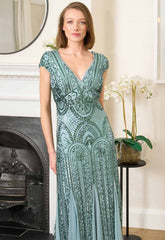 Gina Bacconi Sea Mist Mimsy V Neck Beaded Maxi Dress