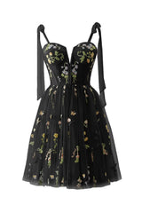 Green Floral Tulle A-line Short Dress with Tie Shoulders