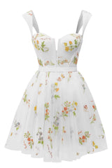 Cap Sleeves Blue Floral A-line Short Dress