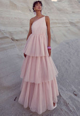 True Decadence Peach Liana Asymmetric Tiered Maxi Dress