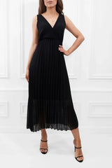 Honor Gold Tess Black Pleated Midi Dress