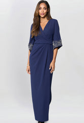 Gina Bacconi Navy Lilly Embellished Sleeve Maxi Dress
