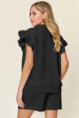 Hazel Blues® | Double Take Texture Flounce Sleeve Top and Drawstring Shorts Set