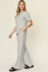 Hazel Blues® | Double Take Round Neck Short Sleeve T-Shirt and Wide Leg Pants Set