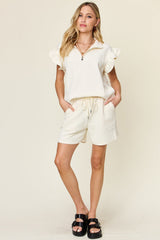 Hazel Blues® | Double Take Texture Flounce Sleeve Top and Drawstring Shorts Set