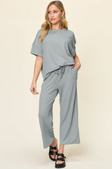 Hazel Blues® | Double Take Texture Round Neck Short Sleeve T-Shirt and Wide Leg Pants