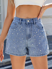 Hazel Blues® | Rhinestone Washed High Waist Denim Shorts