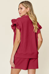 Hazel Blues® | Double Take Texture Flounce Sleeve Top and Drawstring Shorts Set