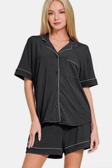 Hazel Blues® | Zenana Button Down Short Sleeve Top and Shorts Lounge Set