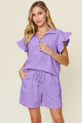 Hazel Blues® | Double Take Texture Flounce Sleeve Top and Drawstring Shorts Set