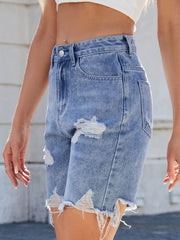 Hazel Blues® | Distressed Raw Hem Denim Shorts