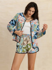 Hazel Blues® | Printed Button Up Long Sleeve Outerwear and Shorts Set