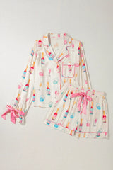 Hazel Blues® | Bow Printed Collared Neck Top and Drawstring Shorts Lounge Set