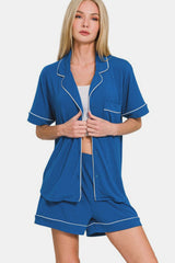 Hazel Blues® | Zenana Button Down Short Sleeve Top and Shorts Lounge Set