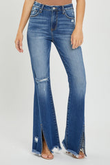 Hazel Blues® | RISEN High Rise Front Slit Frayed Hem Flare Jeans