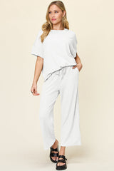 Hazel Blues® | Double Take Texture Round Neck Short Sleeve T-Shirt and Wide Leg Pants