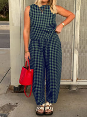 Hazel Blues® | Lovelet Plaid Round Neck Sleeveless Top and Pants Set