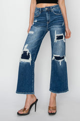 Hazel Blues® | Risen High Rise Patch Detailed Wide Leg Crop Jeans