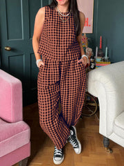 Hazel Blues® | Lovelet Plaid Round Neck Sleeveless Top and Pants Set