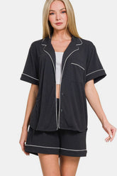 Hazel Blues® | Zenana Button Down Short Sleeve Top and Shorts Lounge Set