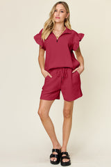 Hazel Blues® | Double Take Texture Flounce Sleeve Top and Drawstring Shorts Set