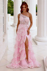 One Shoulder Navy Blue Appliques Ruffle Formal Dress